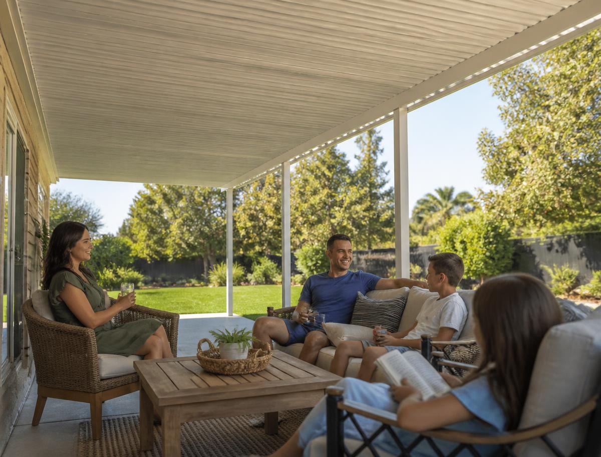 Family relaxing in the shade under an aluminum patio cover on a sunny California afternoon