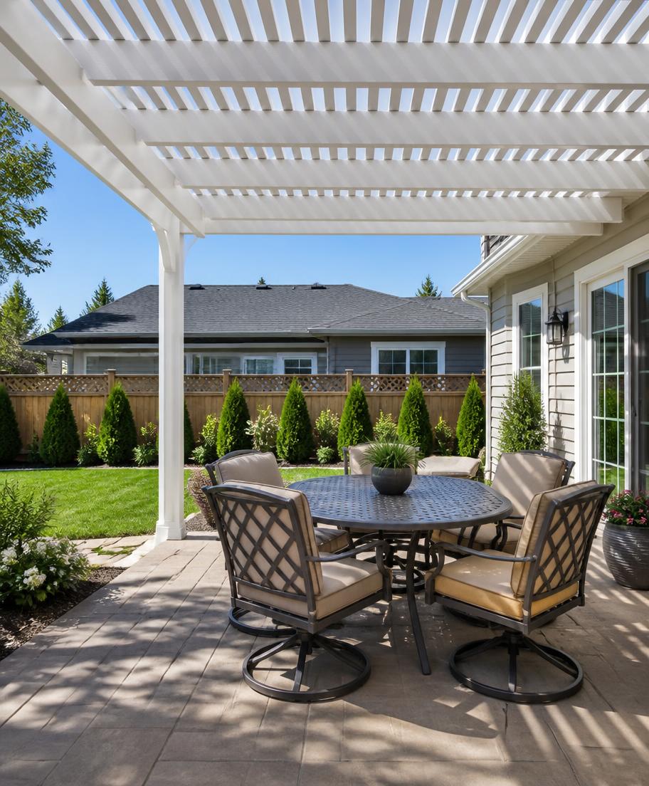 White lattice patio cover over a backyard dining patio