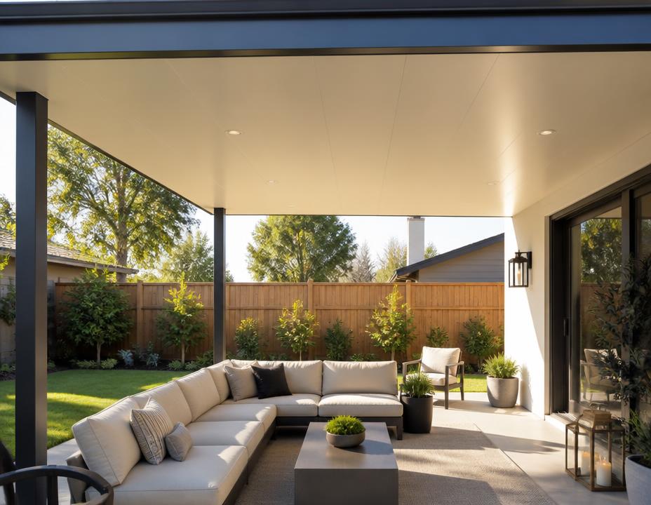 Solid insulated aluminum patio cover over a backyard lounge