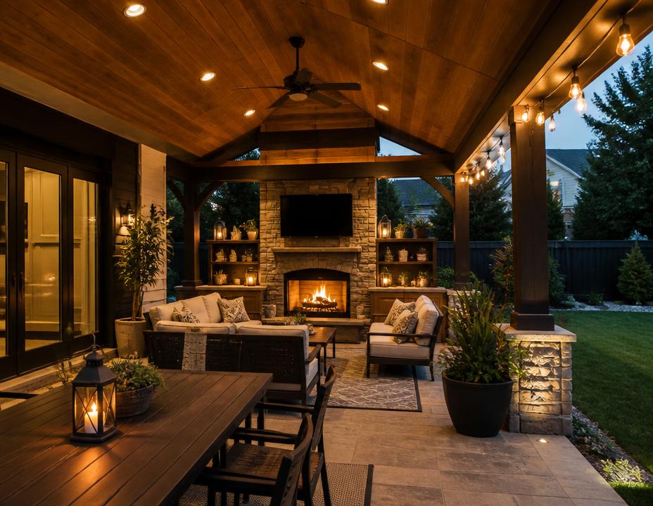 Patio cover at night with warm lighting and a ceiling fan