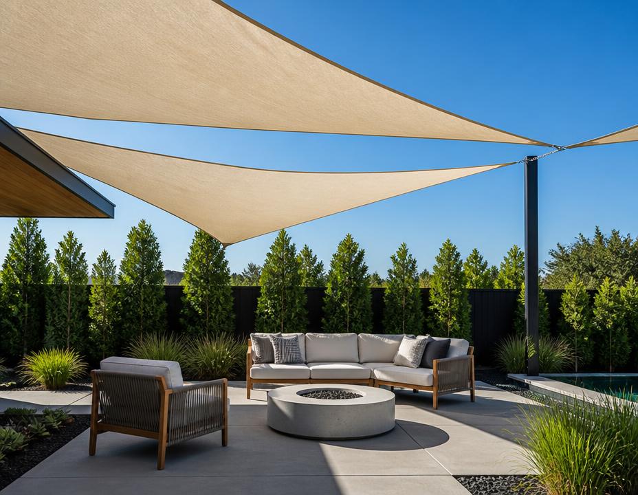 Shade sails over a modern backyard patio with a fire pit