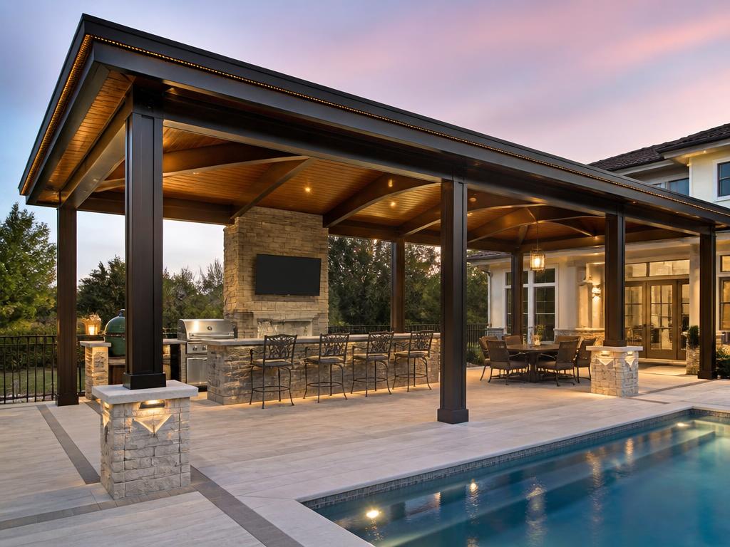 Large custom multi-span aluminum patio structure over a pool deck