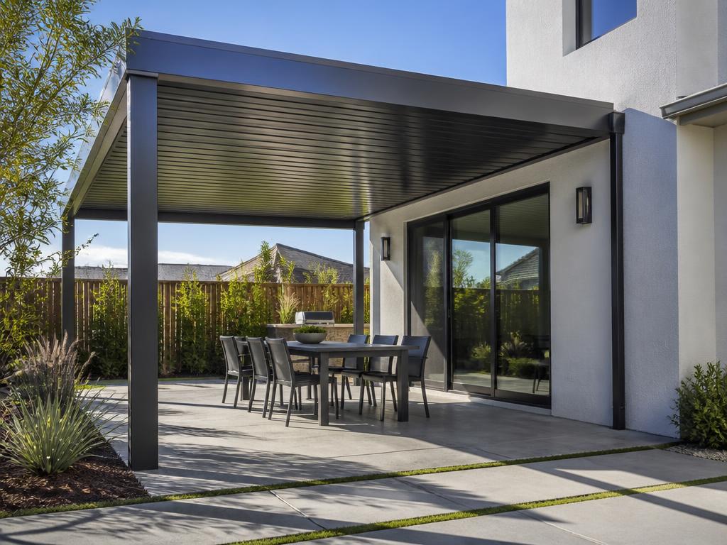 Flat pan solid aluminum patio cover attached to a modern home