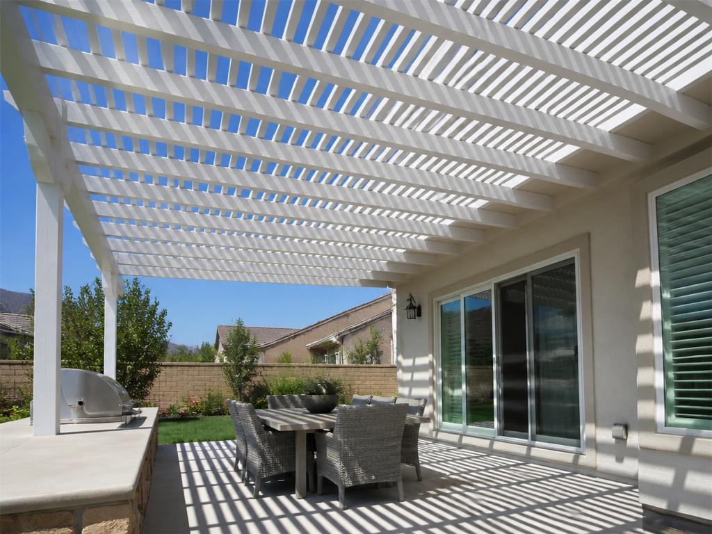 Open lattice aluminum patio cover casting slatted shade over a patio
