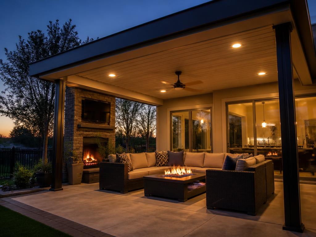 Patio cover at dusk with recessed lighting and a ceiling fan