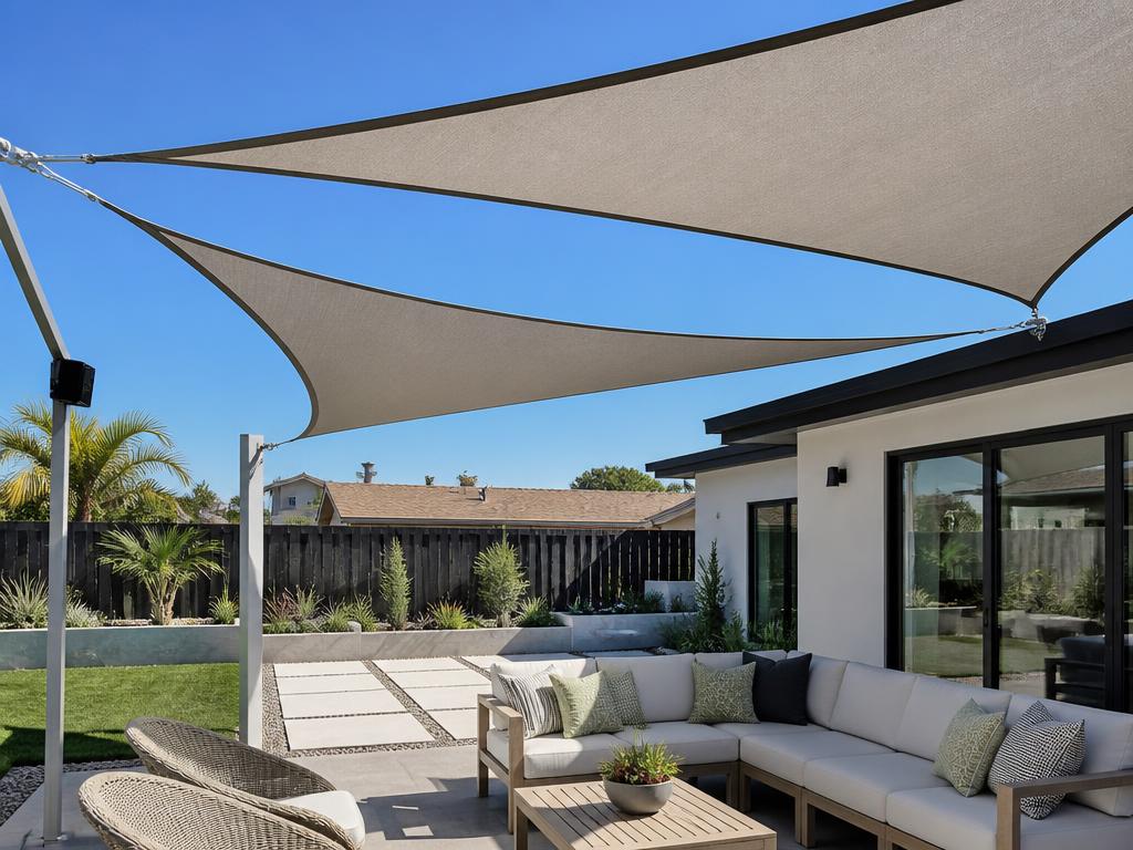 Triangular shade sails stretched over a backyard patio