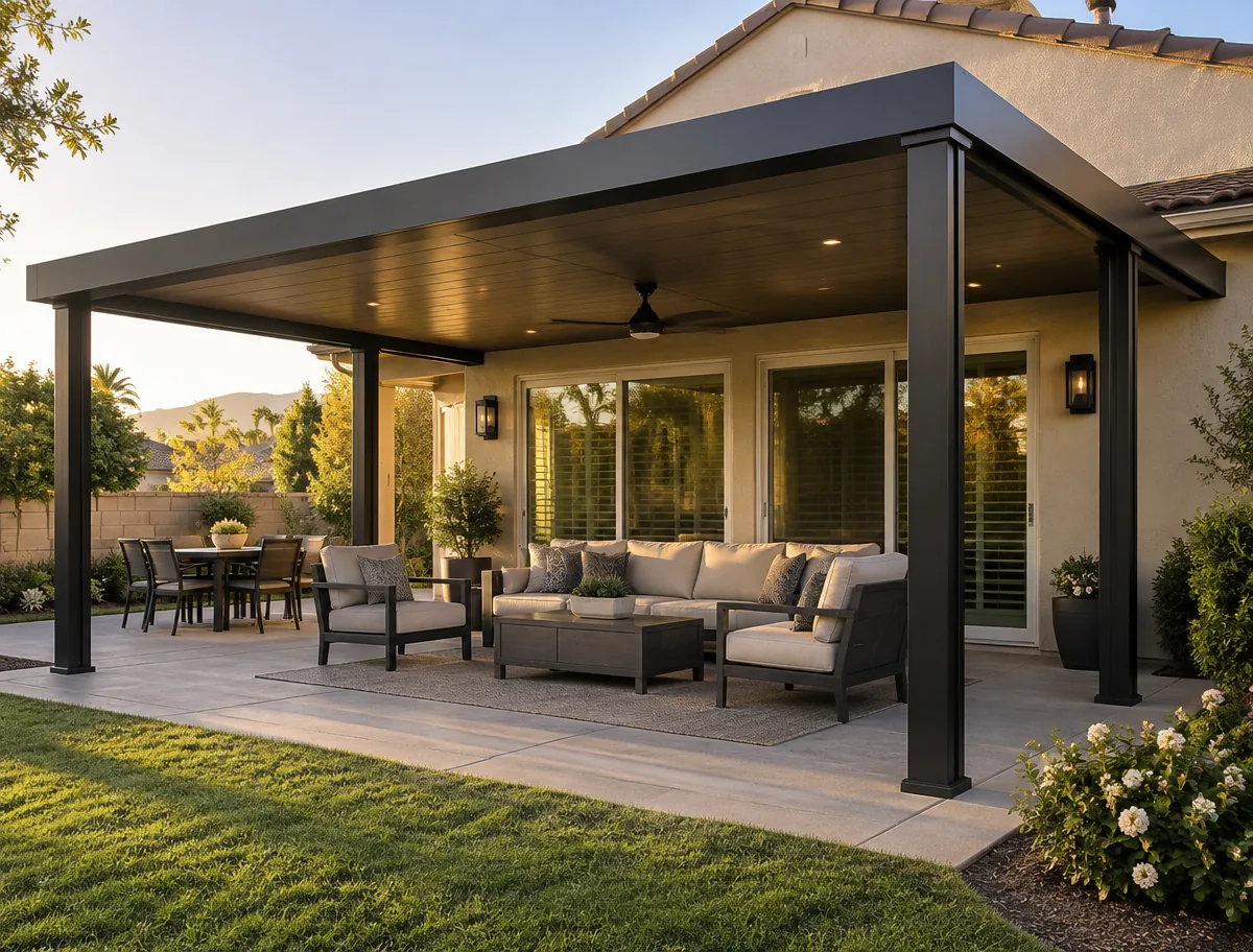 Aluminum patio cover installed on a single-story home by A & J Legacy Awning